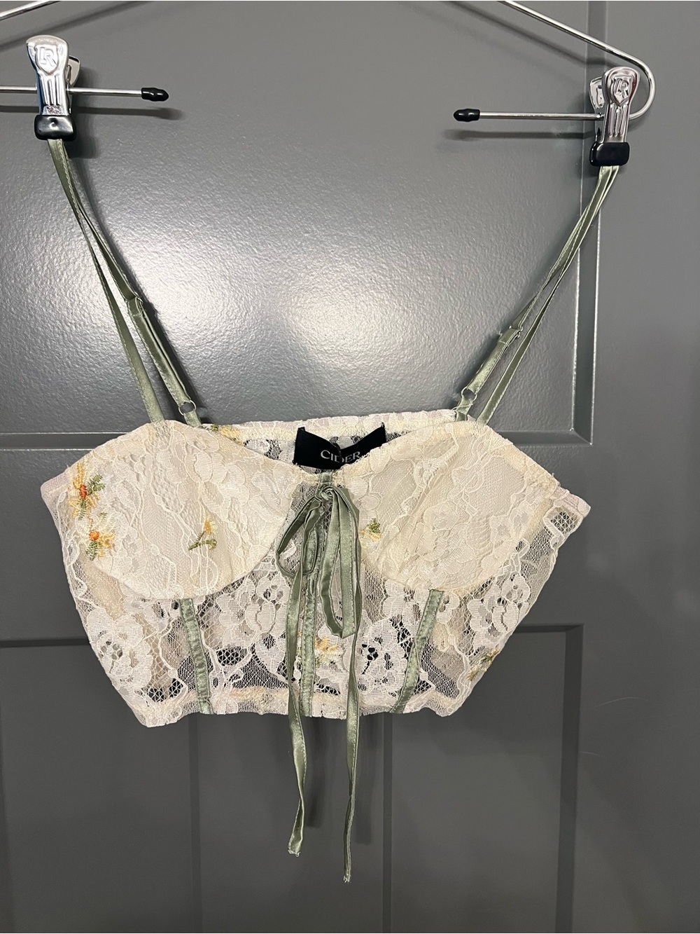 Cider Cream Lace Bustier Top with Sage Ribbon zip up